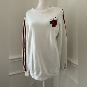 Hollister White Sweatshirt with Red Stripes and Rose Embroidery, Size S